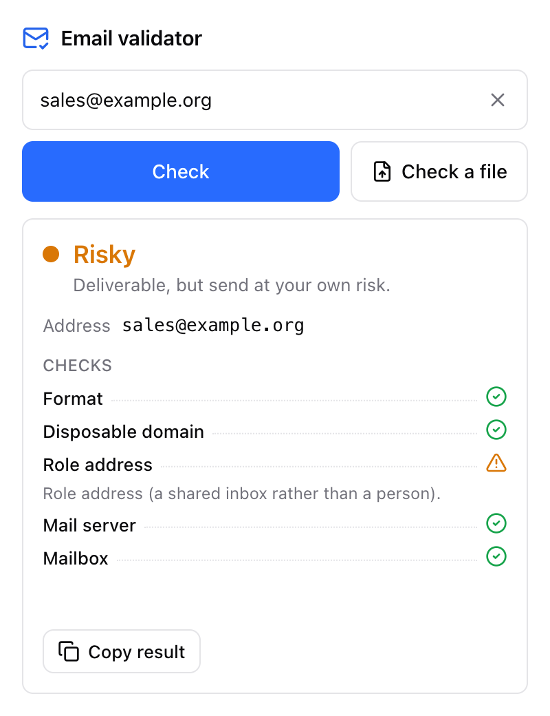 A risky verdict for a role address, in the popup.