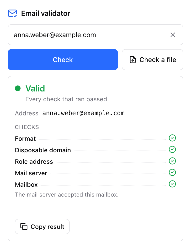 The Email Validator popup showing a valid verdict for a single address.